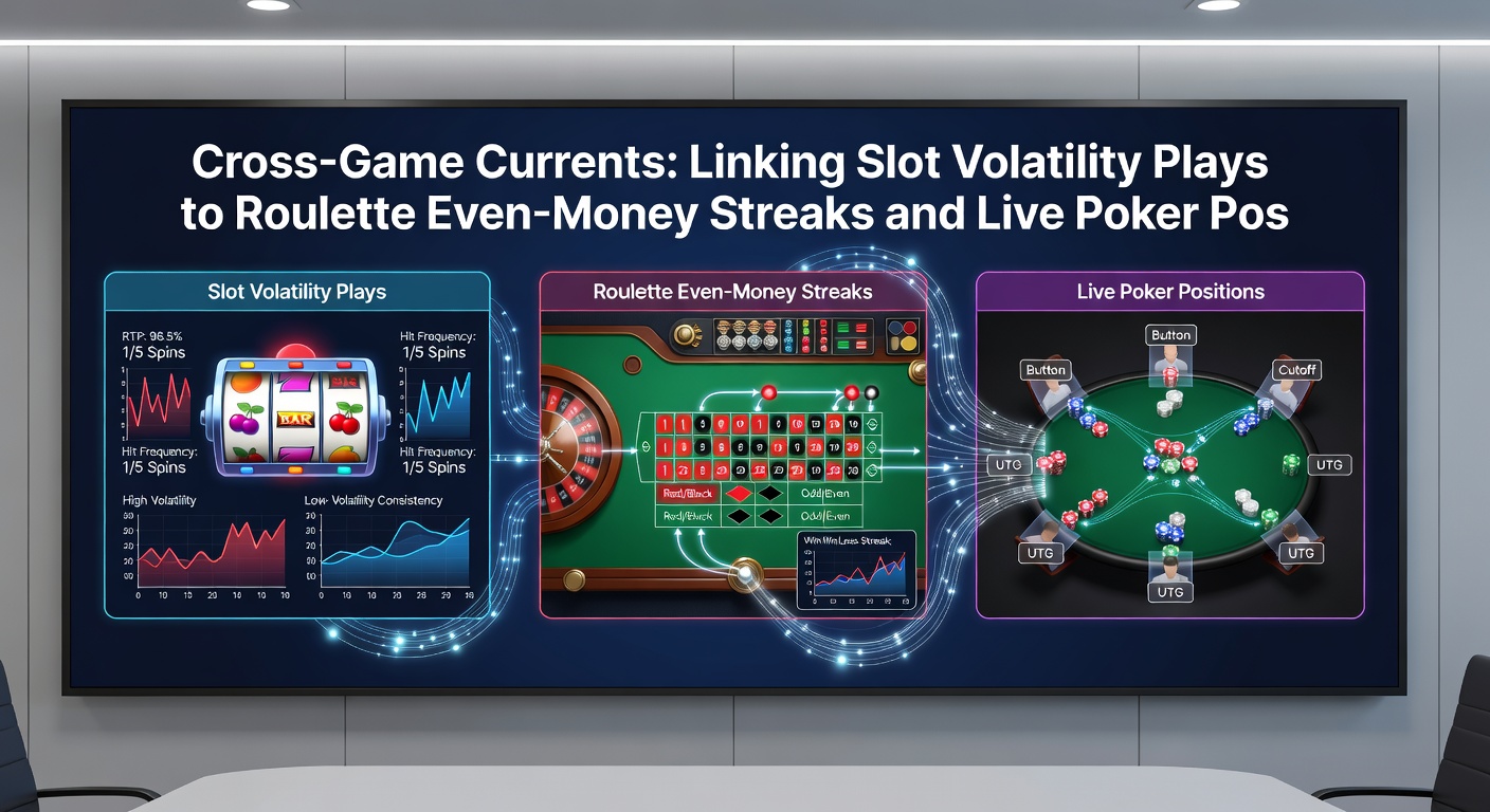 Close-up of a vibrant casino scene blending slot reels spinning wildly, a roulette ball landing on red during a streak, and poker players maneuvering chips from late position