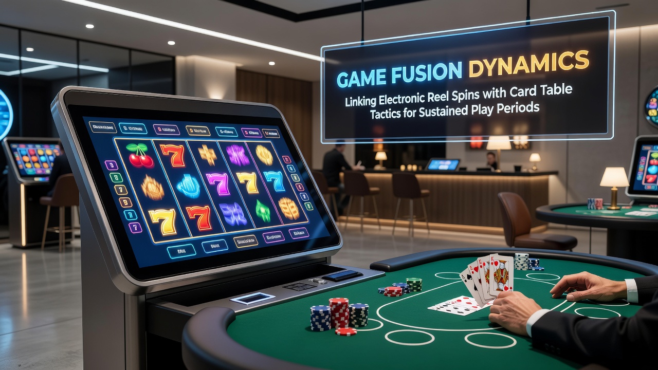 Casino floor view showing slot machines adjacent to card tables with players moving between both