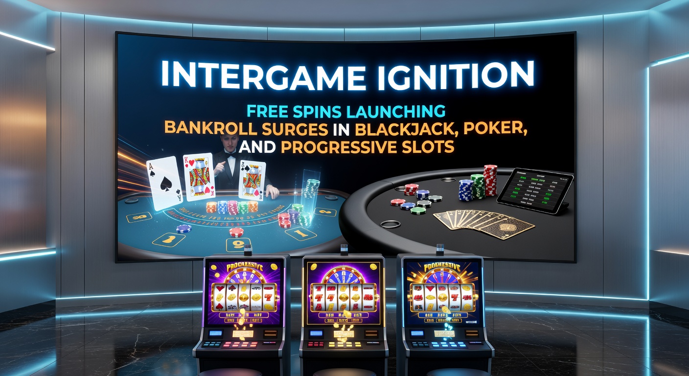 Dynamic graphic of a bankroll graph surging from slot free spins through blackjack hands, poker pots, and peaking at progressive slot jackpots