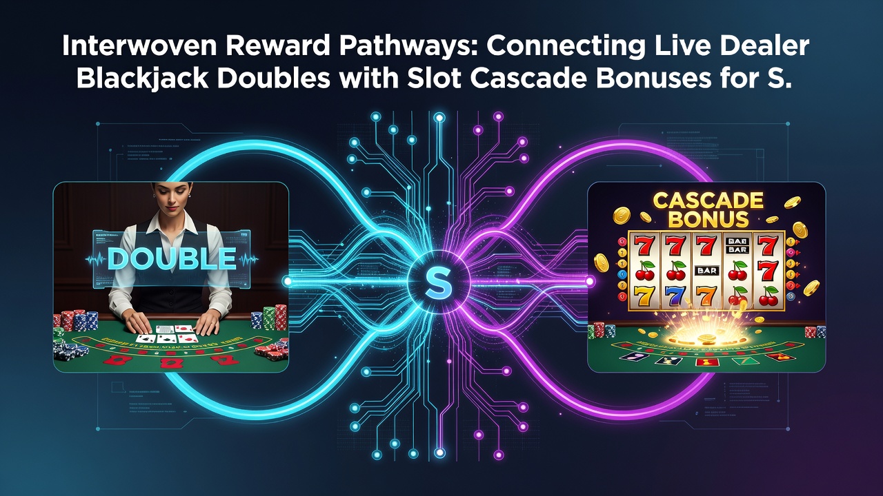 Illustration of slot cascade sequences feeding into blackjack double bonus credits through shared loyalty pathways