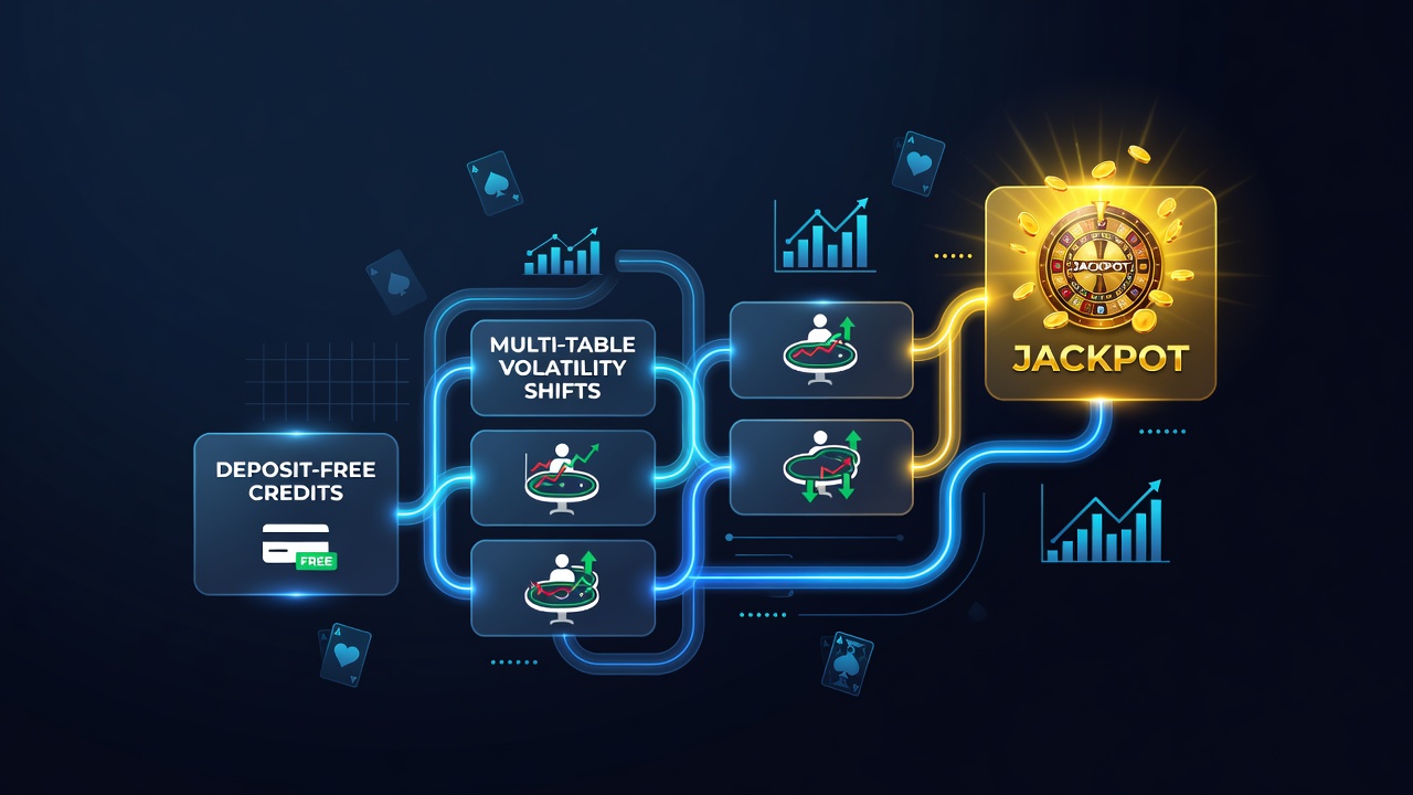 Diagram showing multi-table transitions from low to high volatility environments fueled by layered no-deposit credits toward jackpot activation points