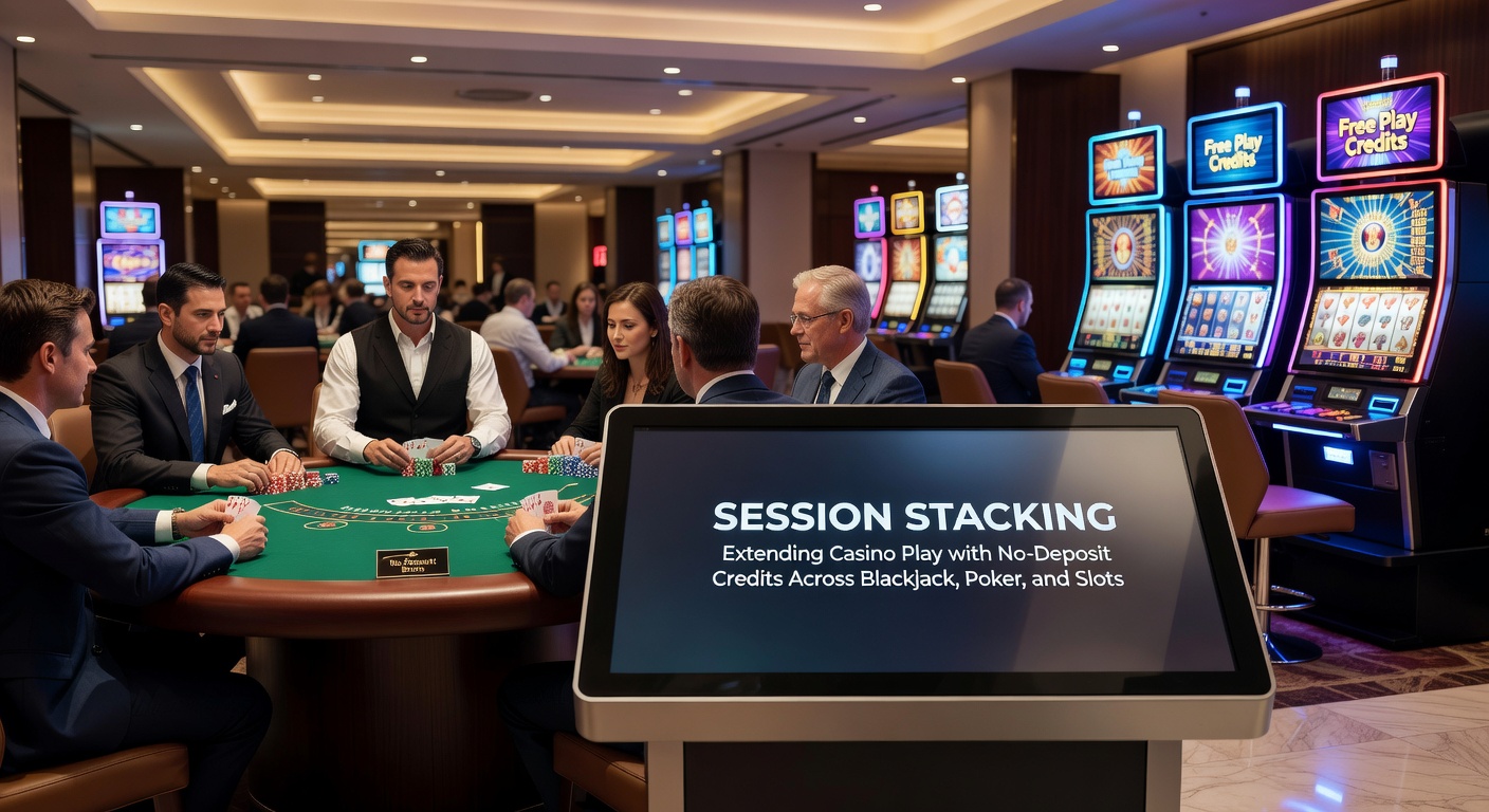 Close-up of a multi-game session progression: slot free spins transitioning to poker chip stacks and blackjack card deals under no-deposit bonus terms
