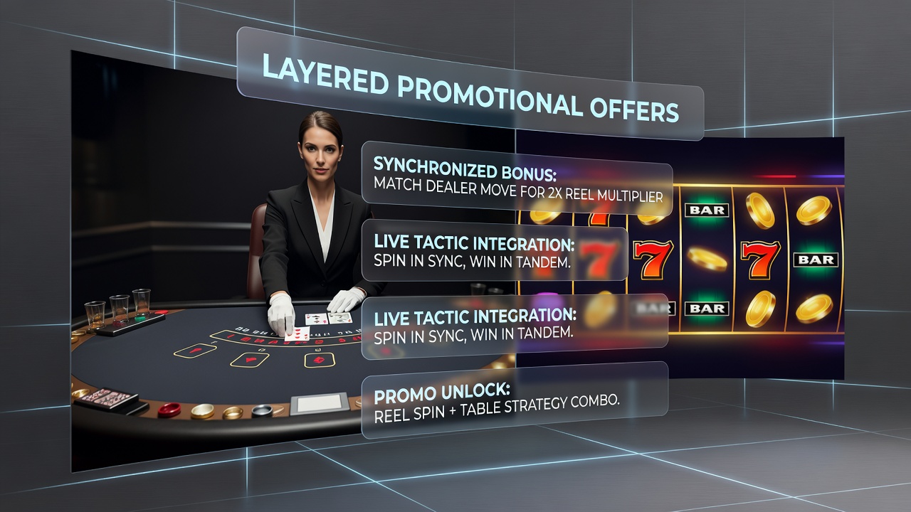 Screenshot of a casino interface displaying synchronized bonus progress between live tables and slot reels