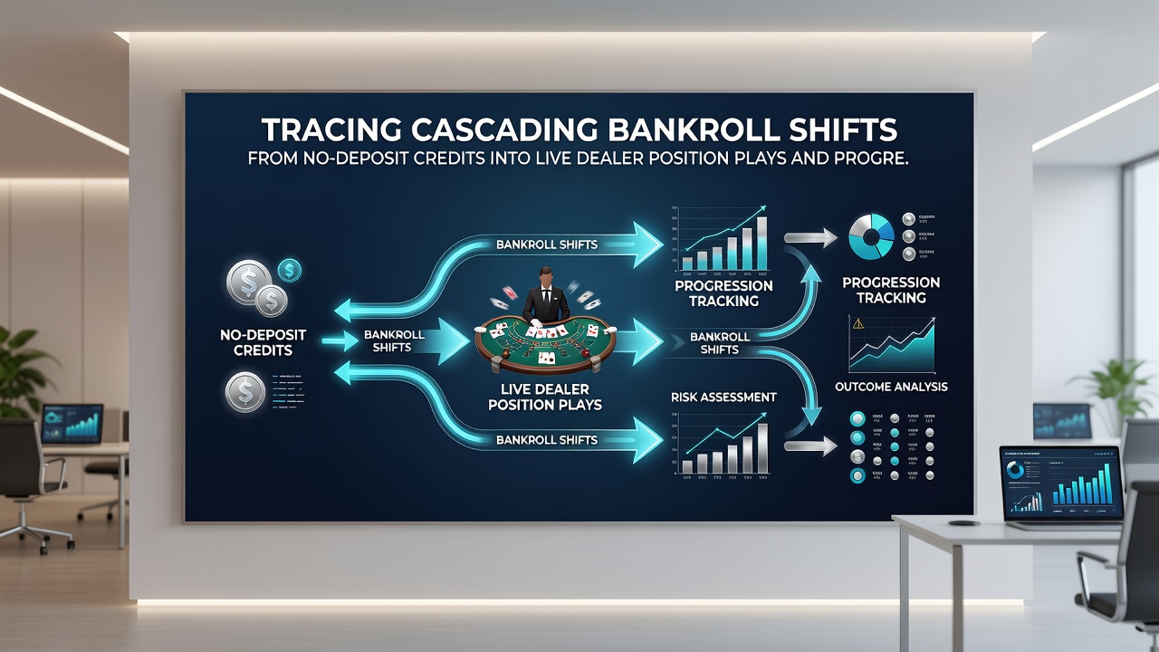 Flowchart illustrating bankroll movement from bonuses through live dealer position strategies to progressive jackpot builds