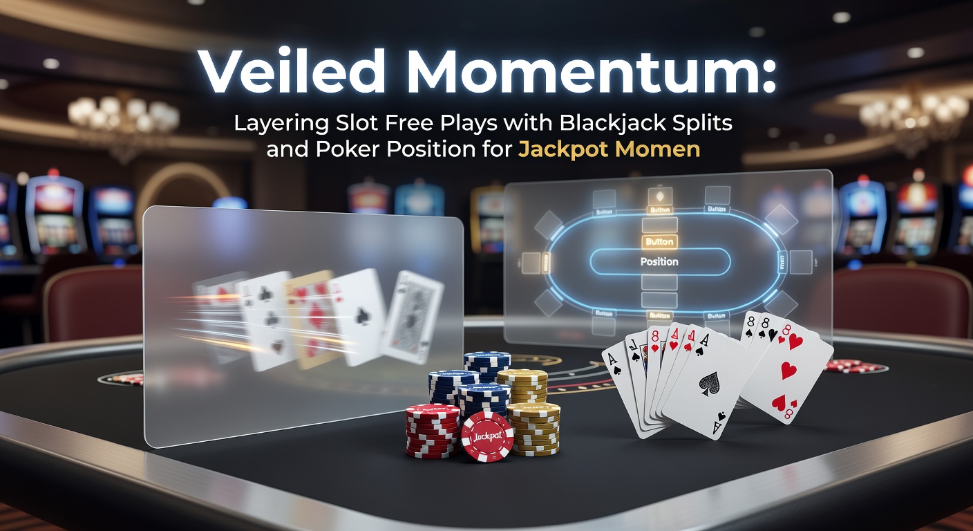Strategic casino play illustration: slot free spin bonuses transitioning to blackjack split hands and poker late-position raises building toward progressive jackpots